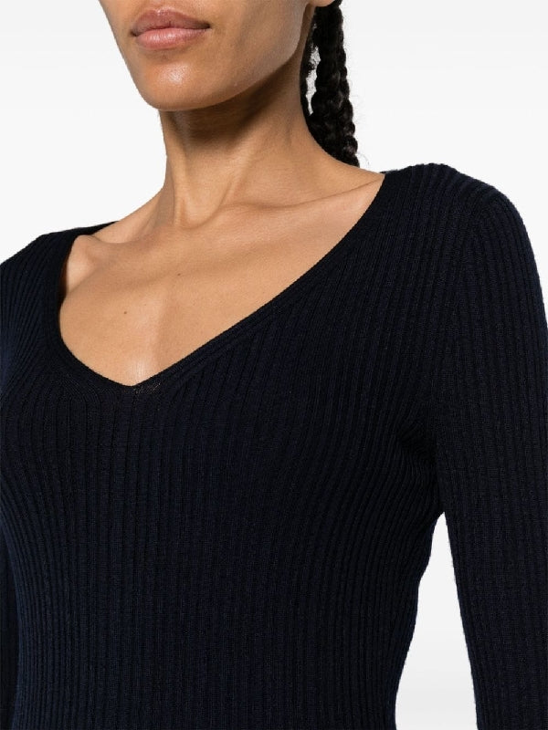 V-Neck Viscose Wool Ribbed Knit
