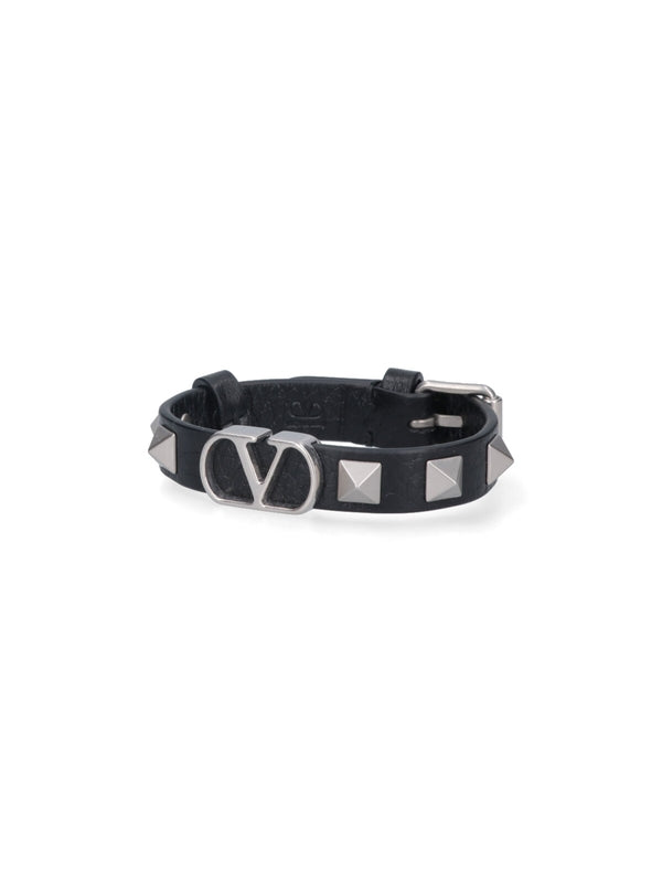 V Logo Rockstud Leather Bracelet