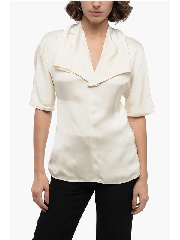 White Satin V-neck Blouse