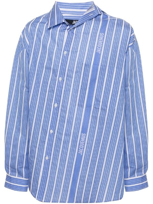 Asymmetric
  Button Logo Stripe Shirt