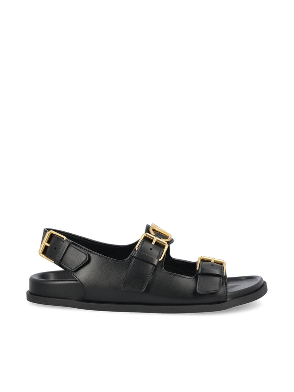 V Logo Double Strap Leather Sandals