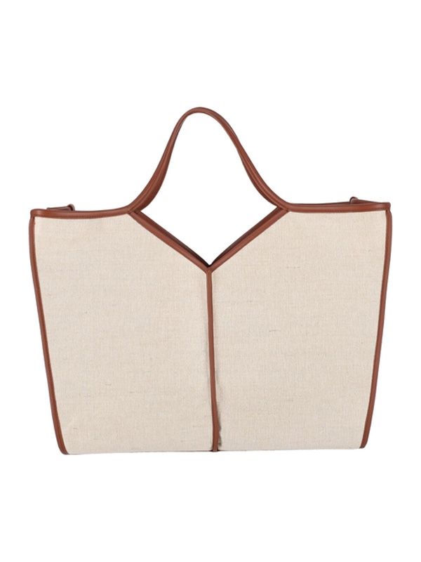 Leather Detail Cotton Blend Tote Bag