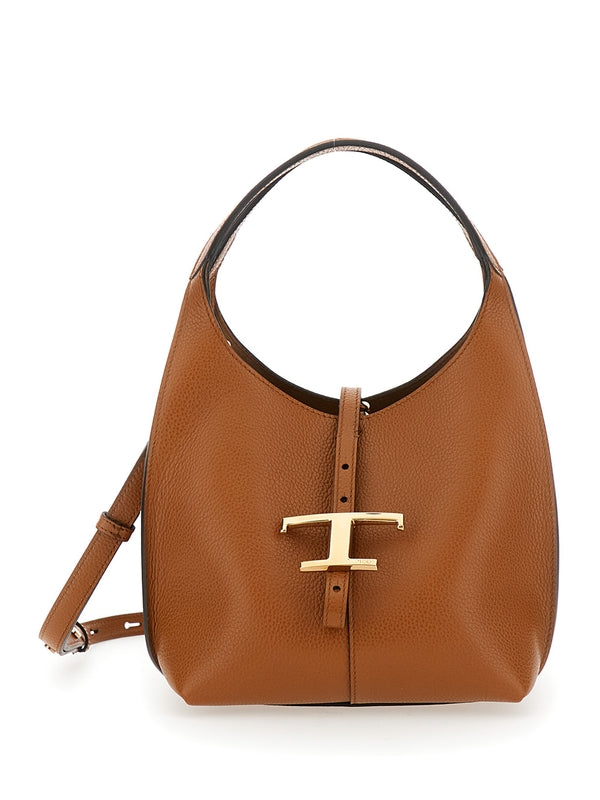 Brown Hand Bag with Timeless T Hook Detail in Leather Woman Tote Bags