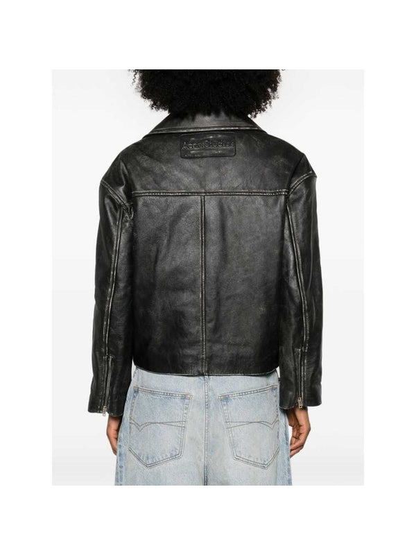 Distressed Effect Leather Biker Jacket