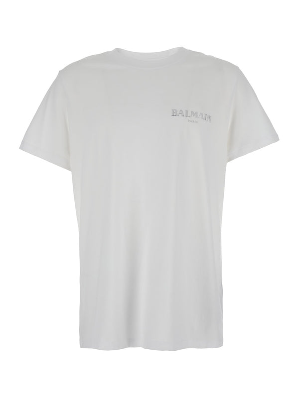 White Crewneck T-Shirt with Logo Lettering on the Front in Cotton Man Half Sleeve