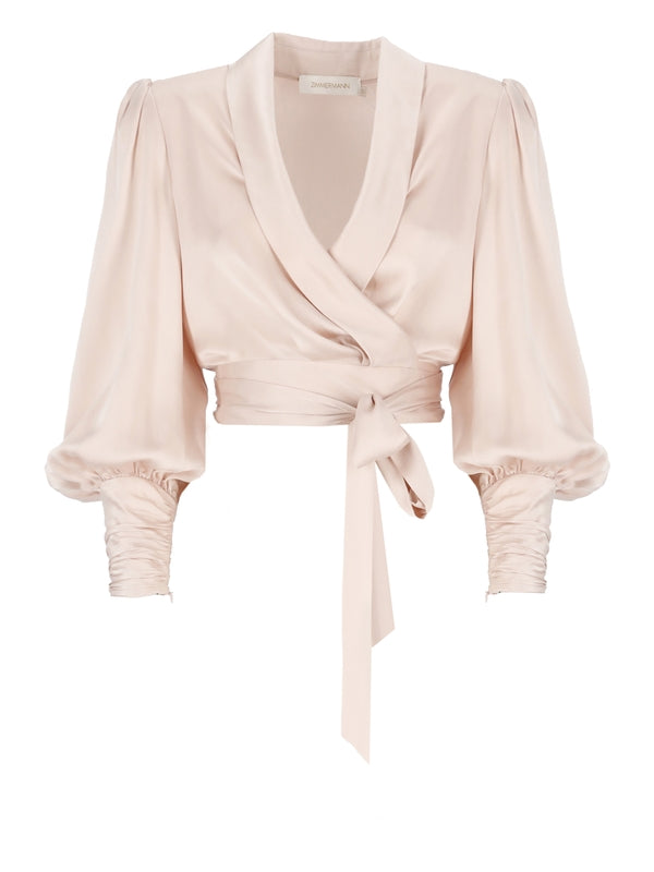 Wrap Detail Puff Sleeve Silk Blouse