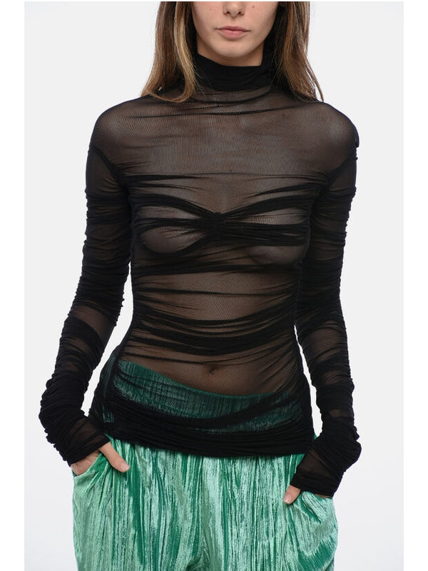 High-Neck Sheer Detail Long-Sleeve Top