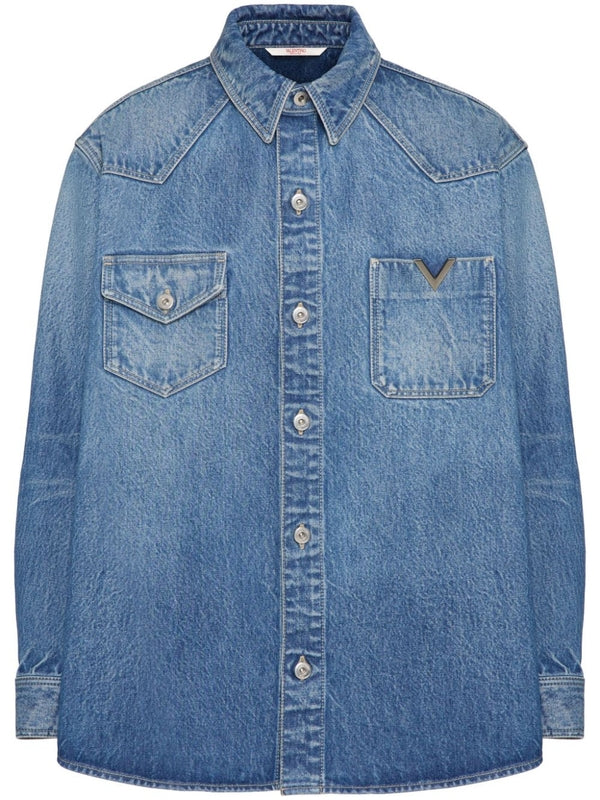 V Logo Western Cotton Denim
  Shirt