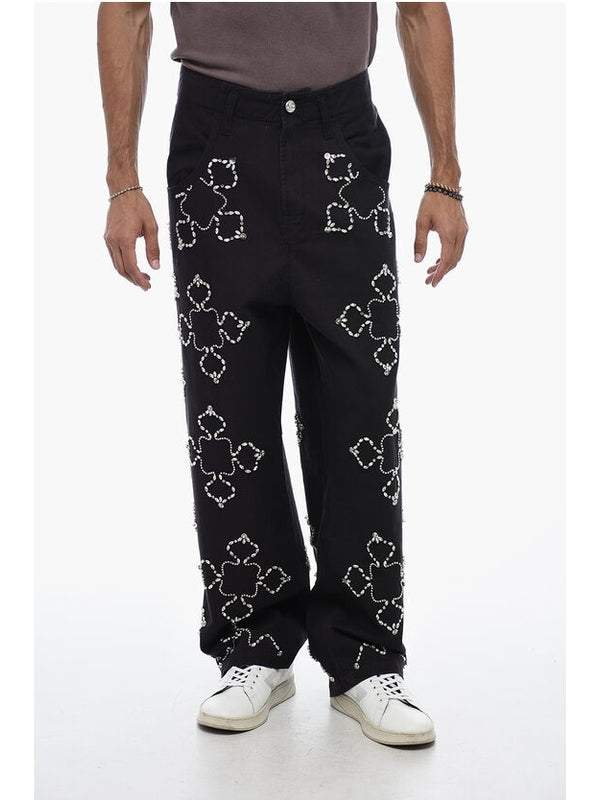 Rhinestone Decoration Cotton Pants