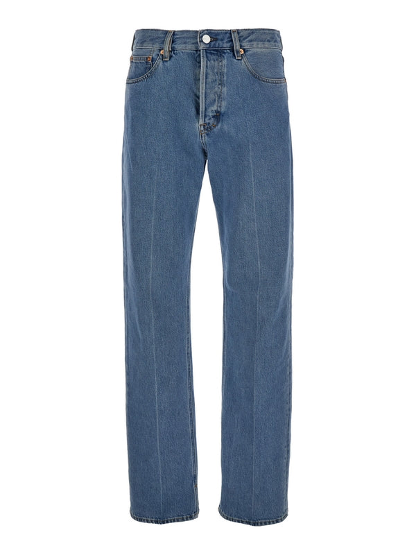 '90's' Light Blue Straight Jeans with Logo Patch in Denim Woman Denim Pants