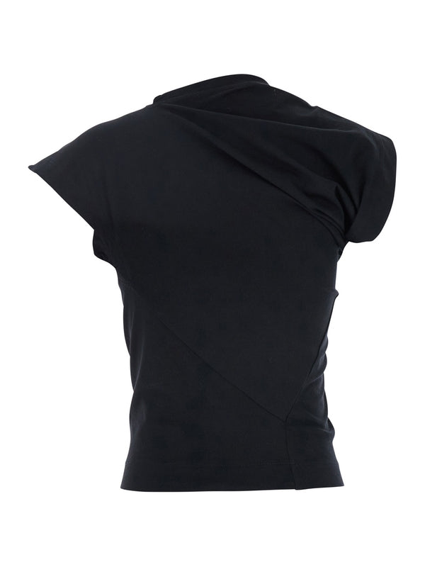 'Hebo' Black T-Shirt with Asymmetric Ruched Short Sleeves and Orb Logo on the Front in Cotton Woman Half Sleeve