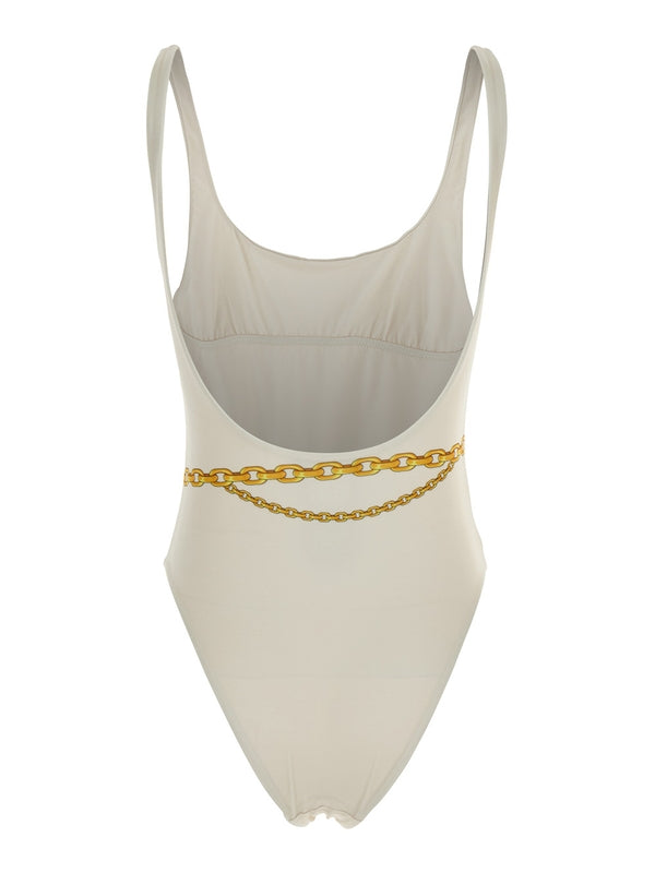 White One-Piece Swimsuit with Chain Print in Tech Fabric Woman Beachwear