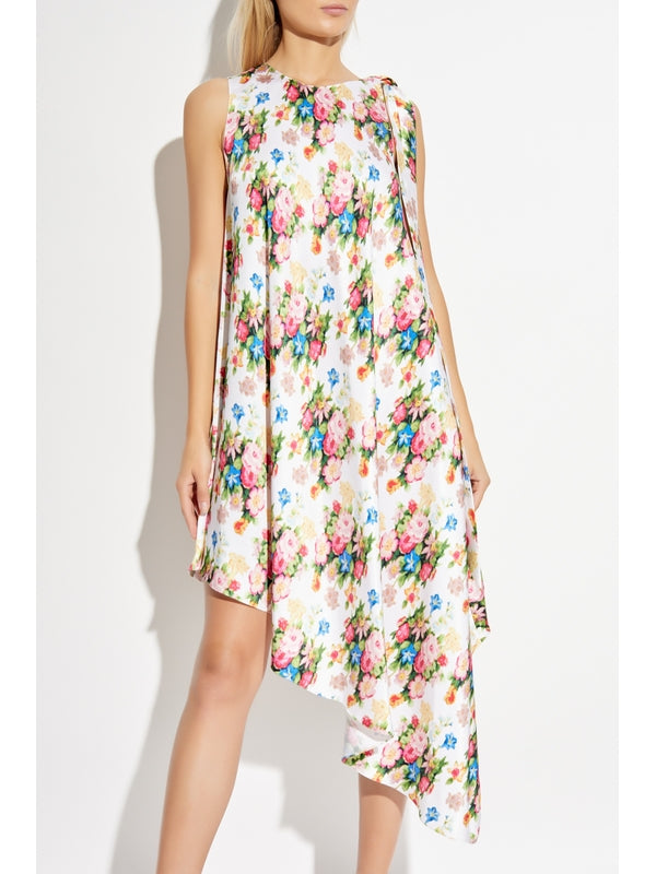 Asymmetric
  Flower Pattern Silk Dress