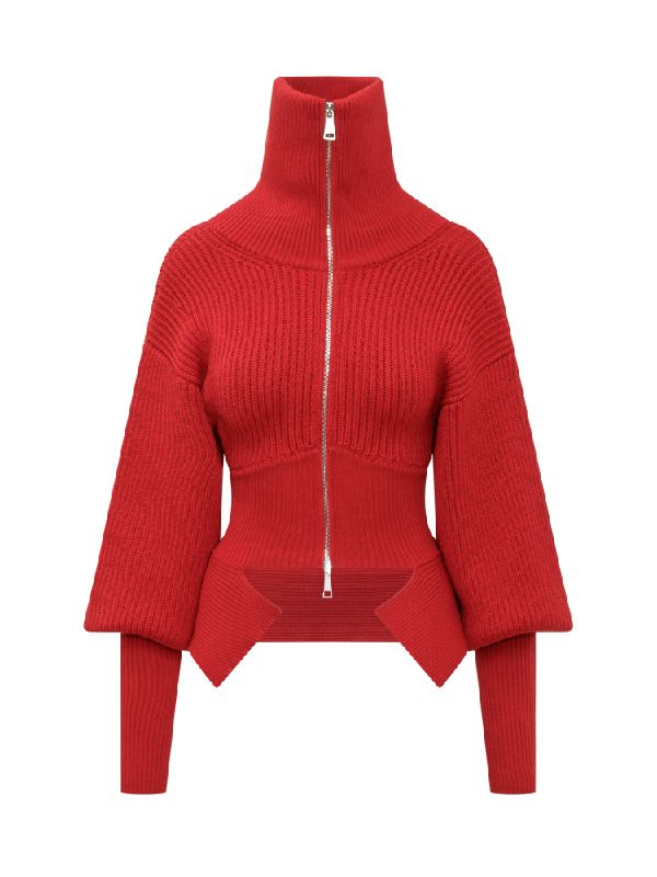 Cutout High Neck Zip-Up Knit Cardigan