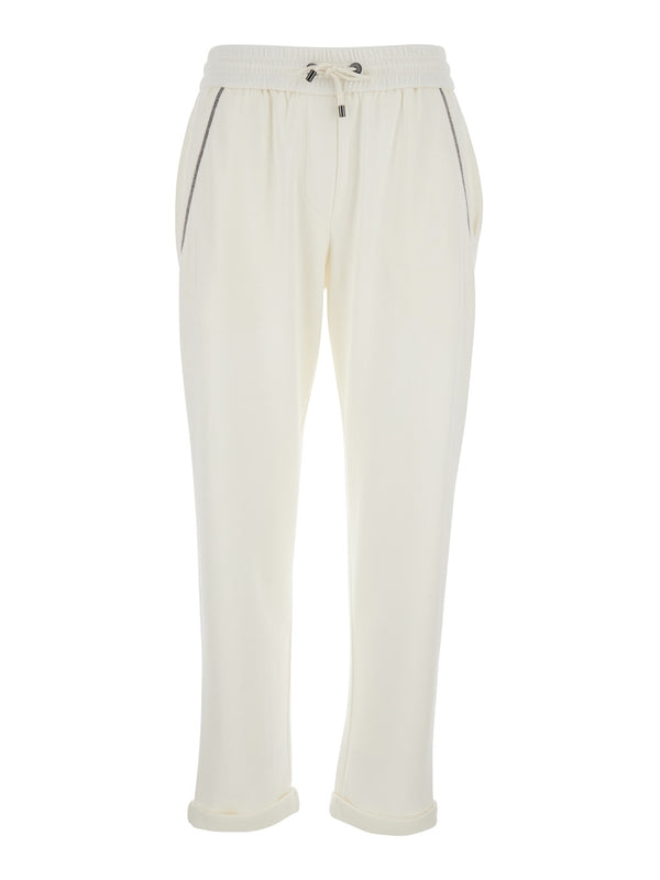 White Pants with Elastic Drawstring Waist and Monile Detail on the Pockets in Cotton Woman Trousers