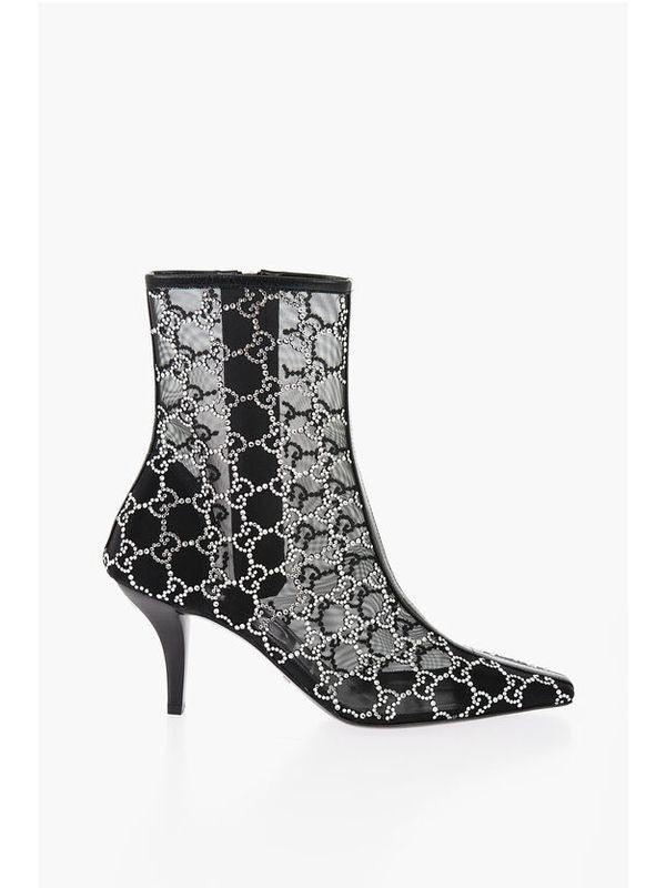 Rhinestone Leather Ankle Boots Heels