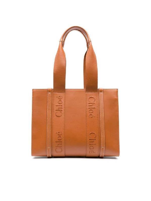 Woody Logo Leather Medium Tote Bag