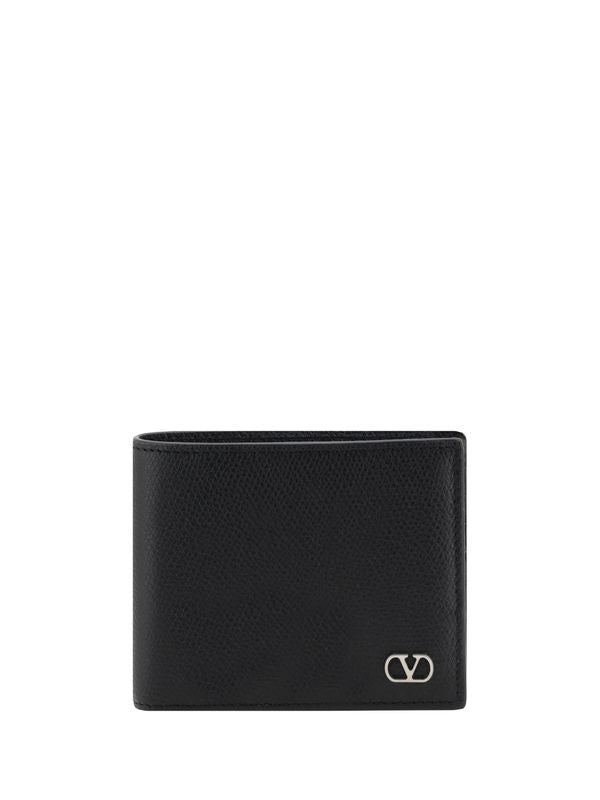 V Logo Grain Leather Bi-Fold Wallet