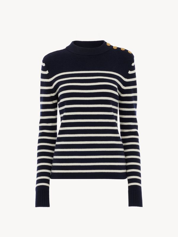 Button Detail Stripe Pattern Wool Cashmere Knit