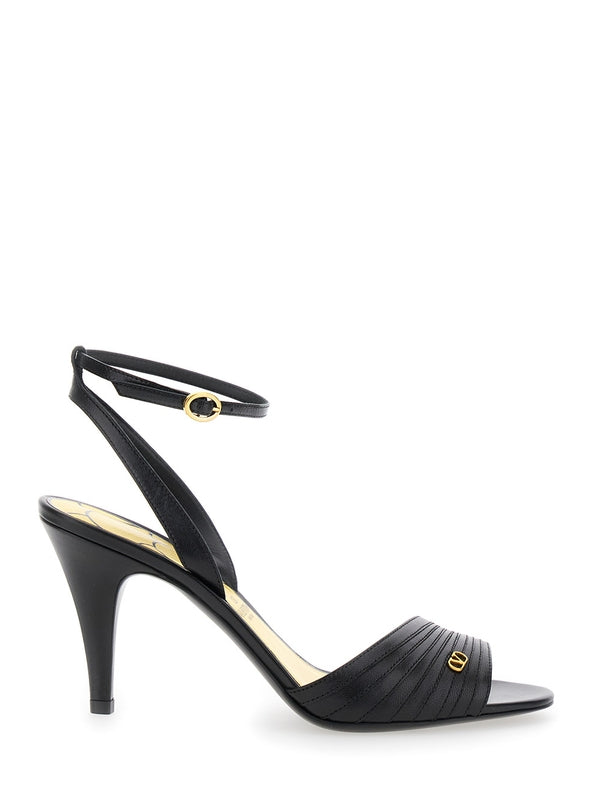 'Ladycrush' Black Pumps with VLogo on the Front and Ankle Closure in Leather Woman Sandal Heels