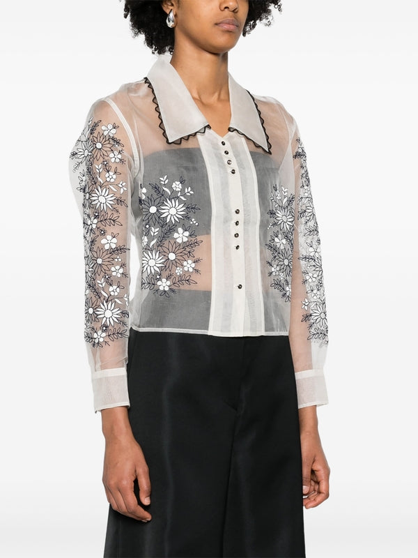 Flower Embroidery Silk Blouse