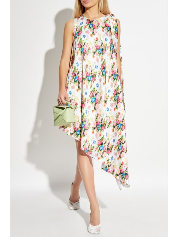 Asymmetric
  Flower Pattern Silk Dress