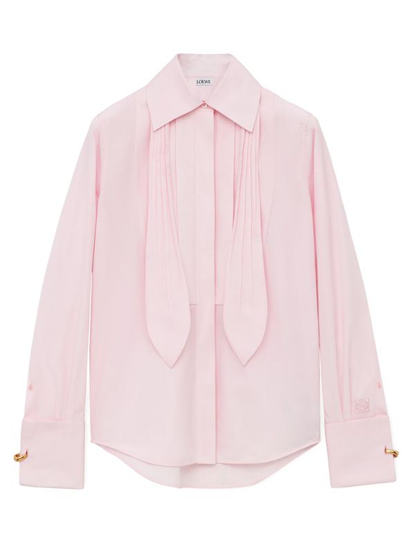 Pleats Scarf-Neck Cotton Shirt