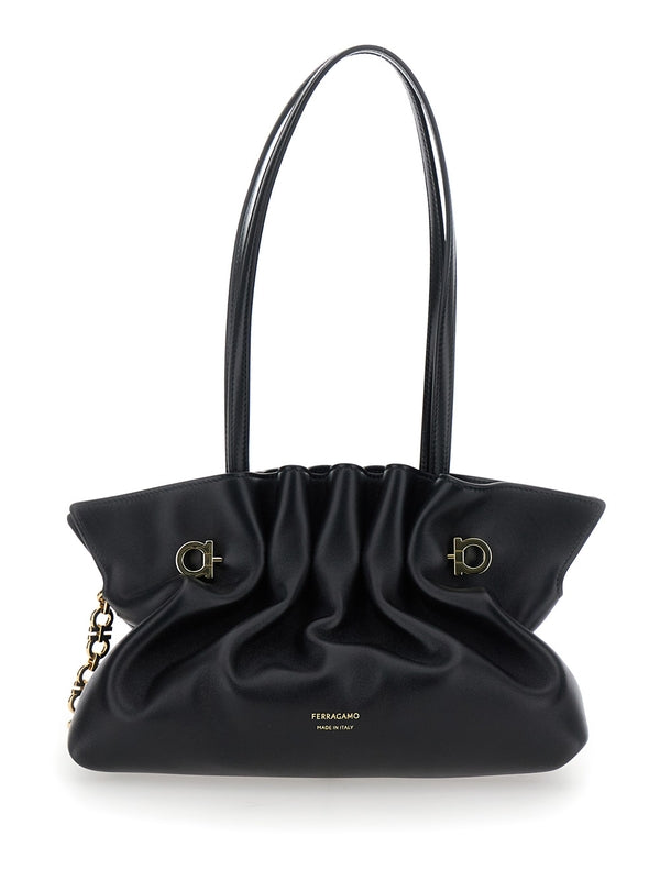 Black Crossbody Bag with Embossed Logo Lettering on the Front and Gancini in Leather Woman Tote Bags