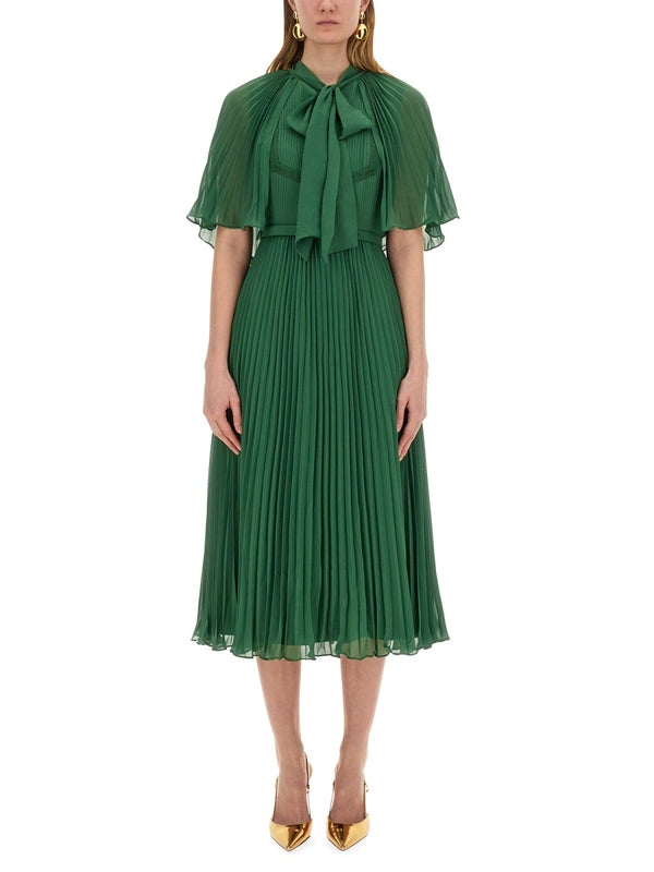 Bow Cape Pleats Midi Dress