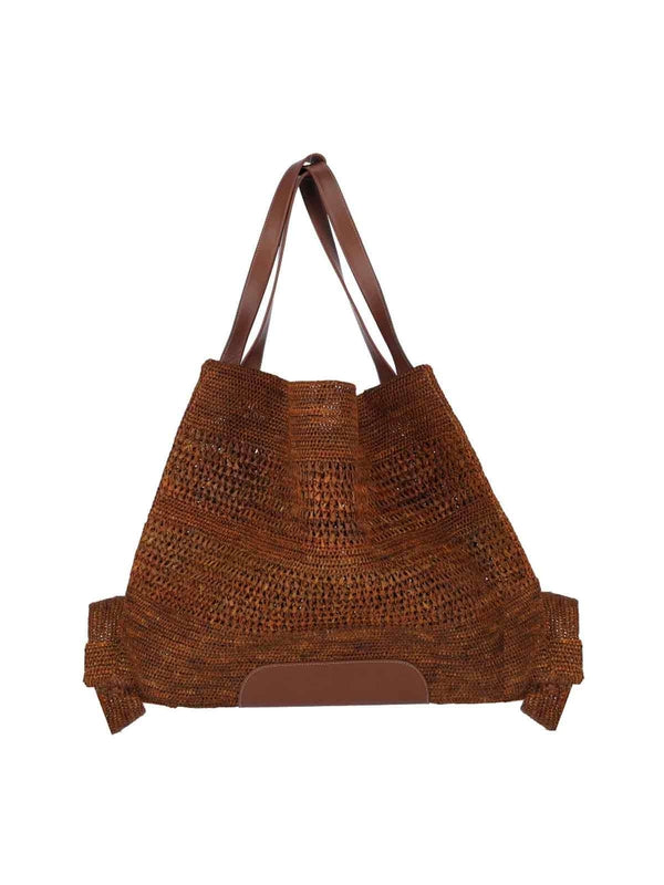 Leather Top Handle Raffia Tote Bag