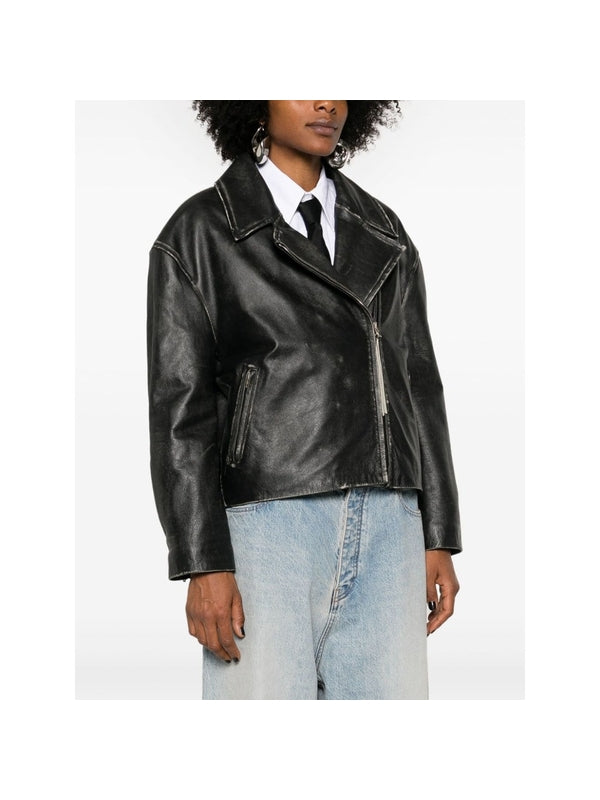 Distressed Effect Leather Biker Jacket