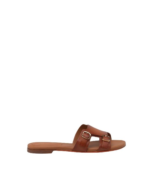 Brown Buckle Leather Mule