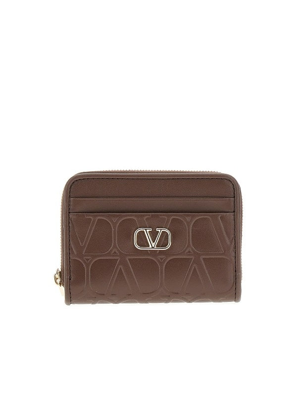 V Logo Leather Card Wallet