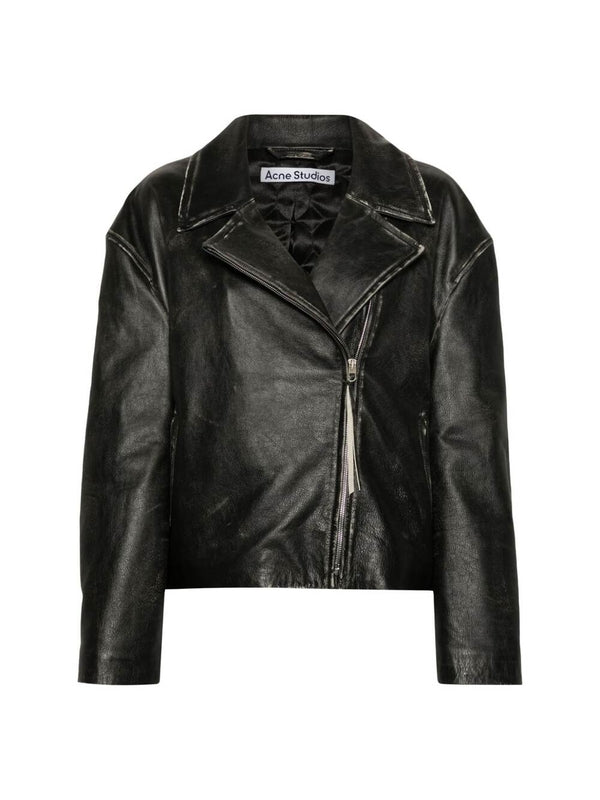 Distressed Effect Leather Biker Jacket