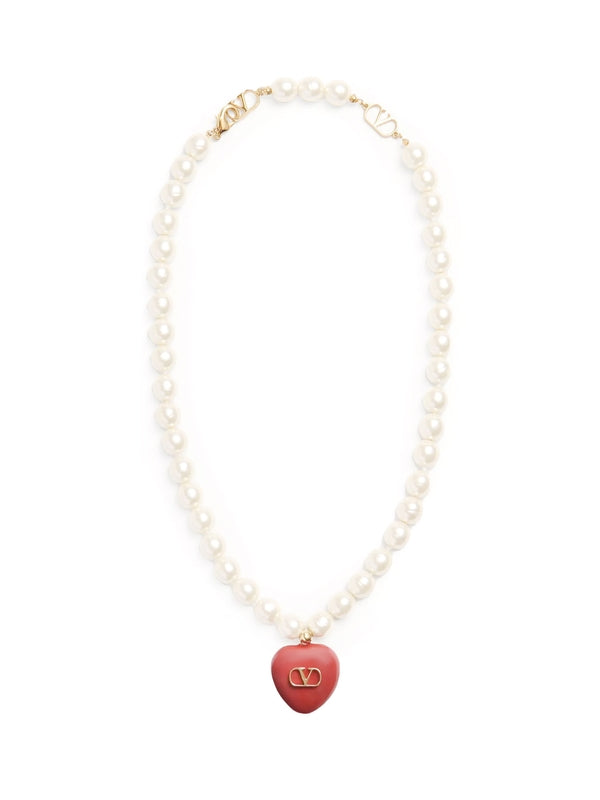 V Logo Heart Pearl Chain Necklace