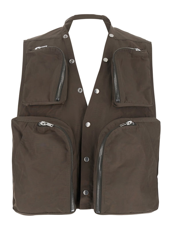 Grey Vest with V-Neck and Cargo Pockets in Cotton Man Vests