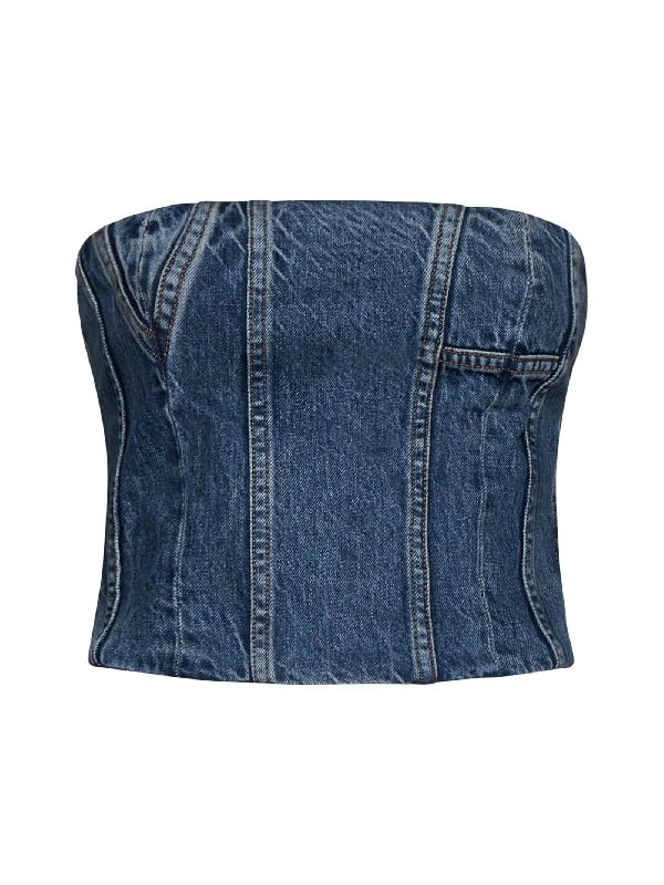 Back Zipper Denim Tube Top