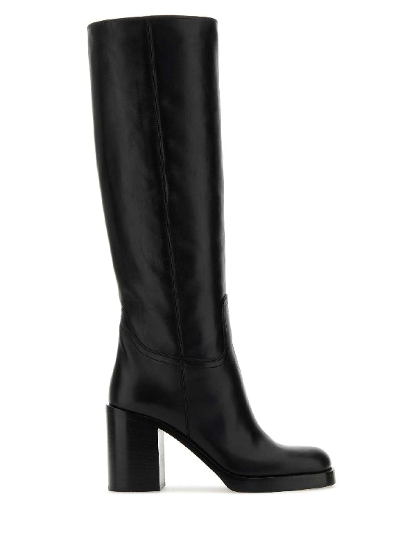 Black Leather Long Boots Heels