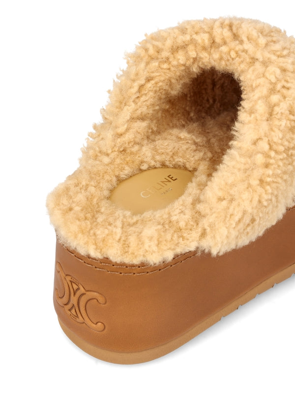 Triomphe Logo Shearling Wedge Mules