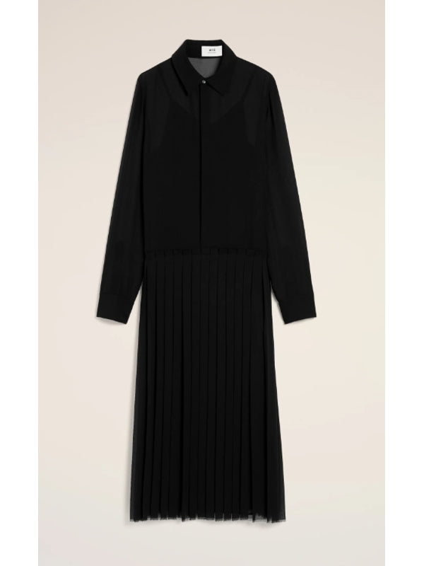 Pleated Long-sleeve Shirt Dress