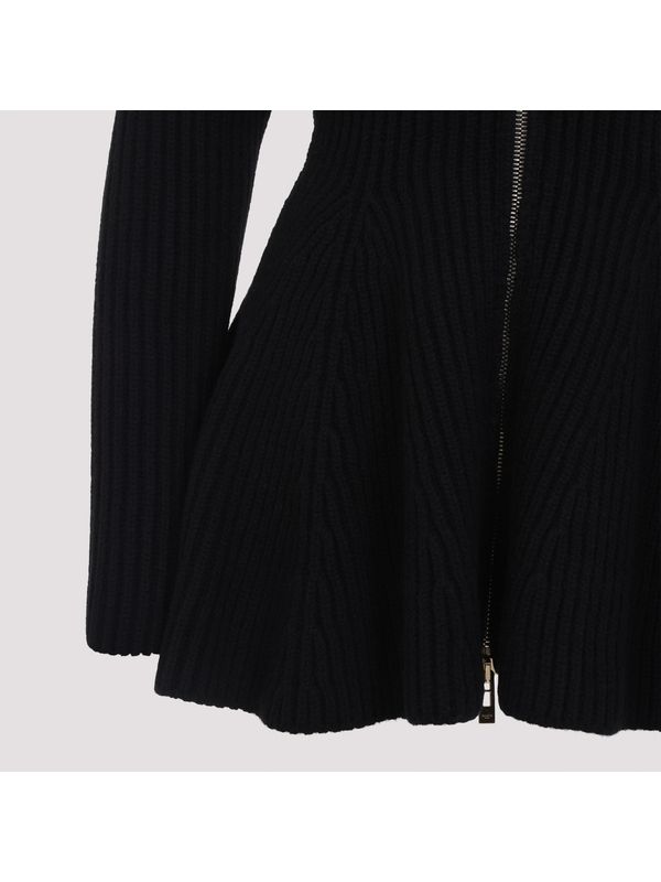 High-Neck Peplum Wool Cashmere Zip-Up Cardigan