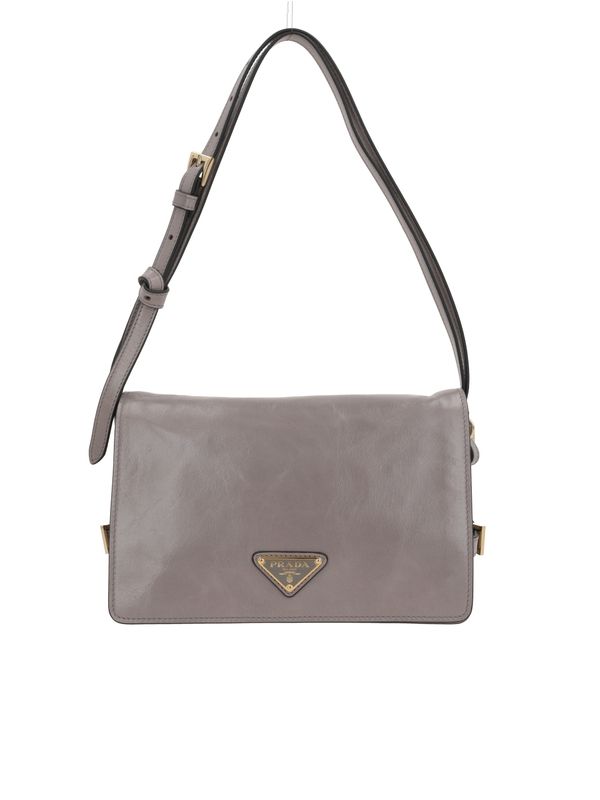 Triangular Logo Buckle Detail Leather Shoulder Bag