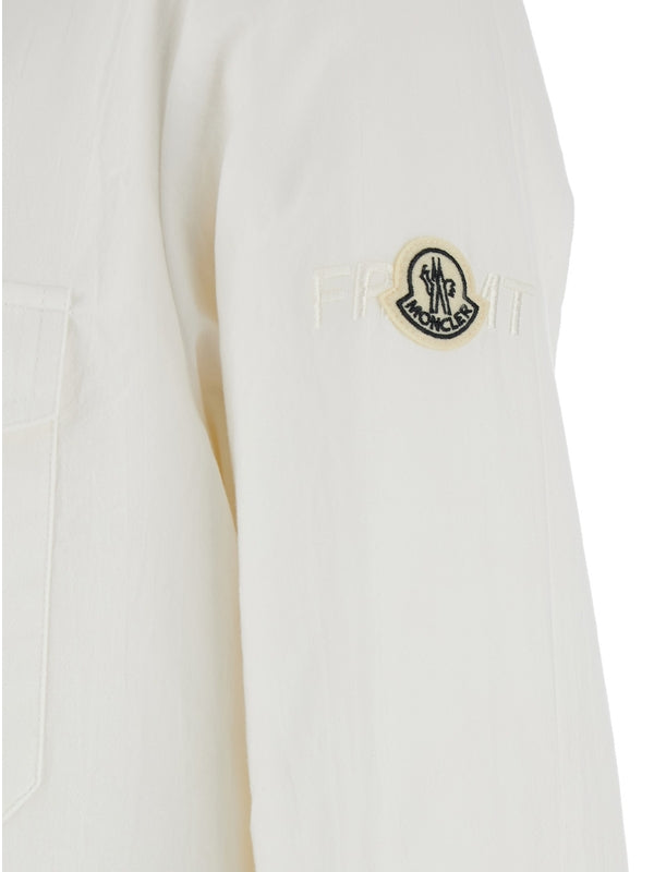 White Shirt with Classic Collar and Logo Patch on the Sleeve in Cotton Man Shirts