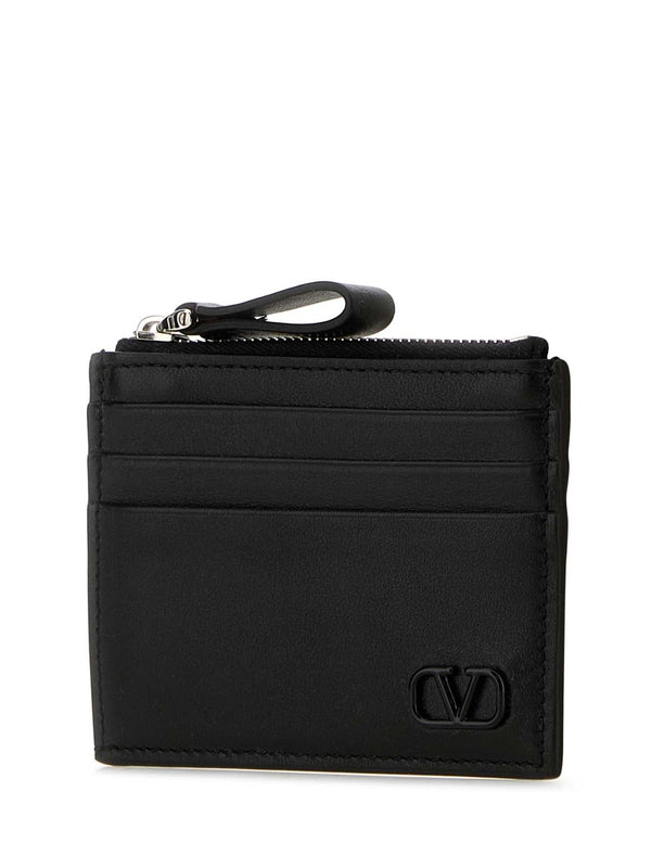 V Logo Leather Card Wallet