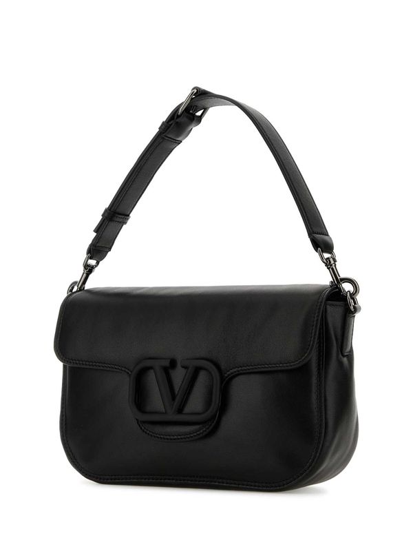 V Logo Black Leather Shoulder Bag