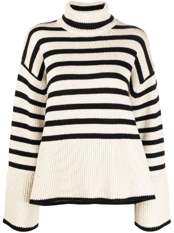 Wool Cotton Stripe High-Neck
  Knit Top