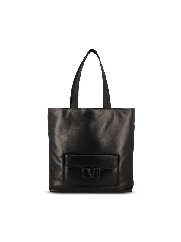 V Logo Pocket Leather Tote Bag