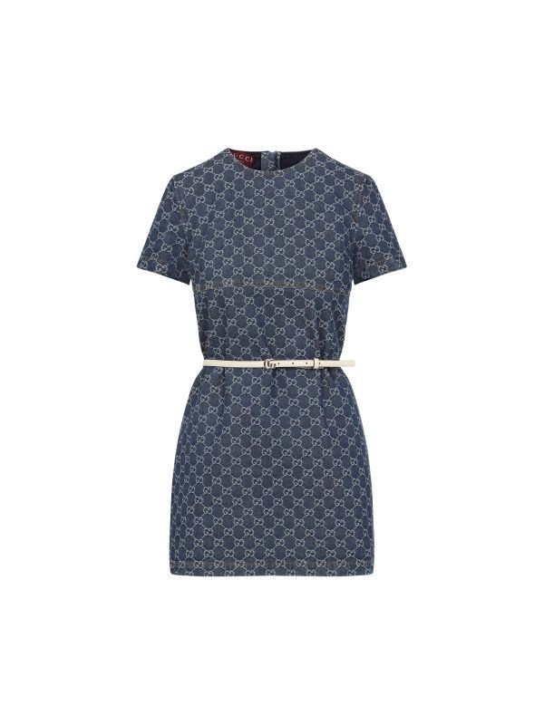 Belt Detail Gg Pattern Denim Dress