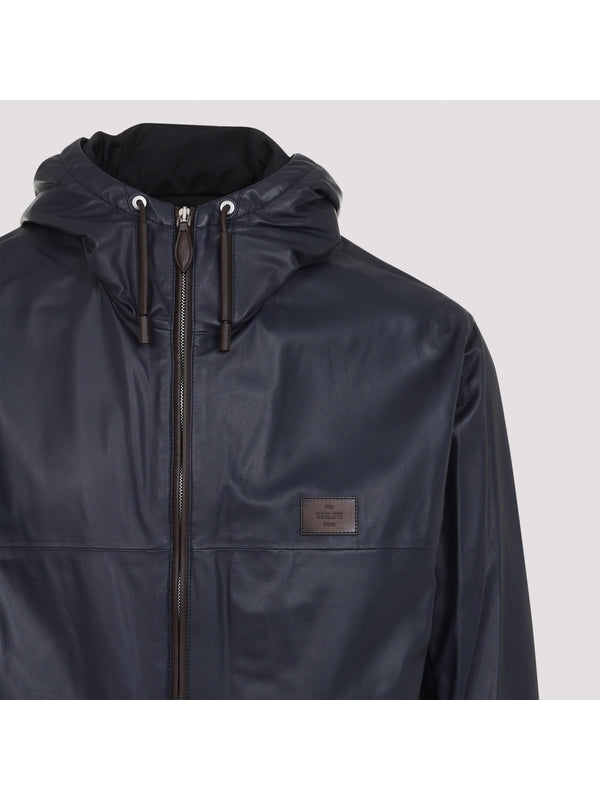 Logo Patch Hooded Leather Jacket