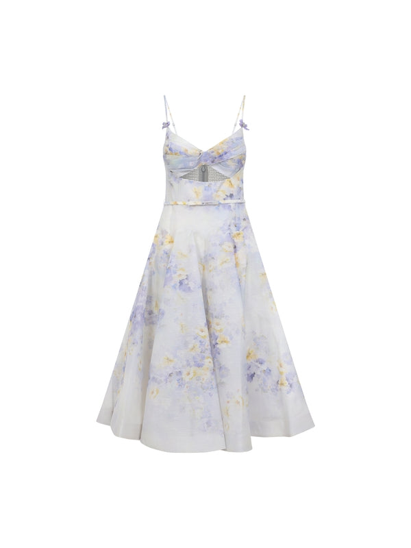 Flower Pattern Linen Silk Midi Dress